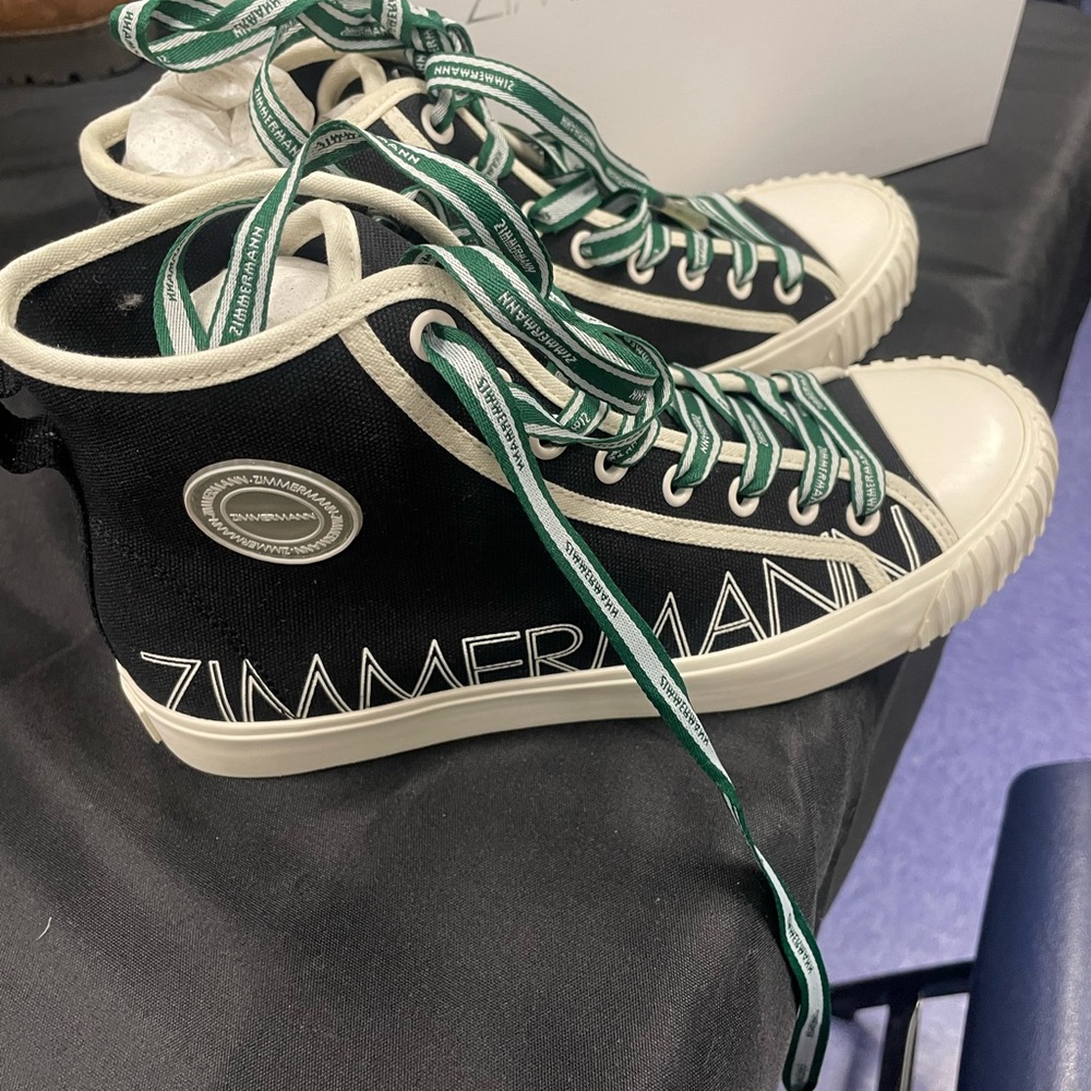 Zimmermann Black and White High-Top Sneakers with Green Laces- Size 38